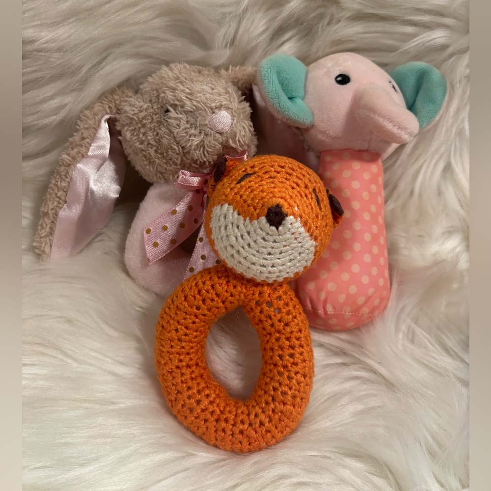 Crochet Fox Teething Ring and Plush Baby Rattles Bundle Preloved